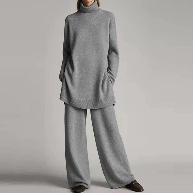 Women’s Two-Piece Loungewear Set – Knit Turtleneck Top – Oversized Fit – Wide-Leg Pants