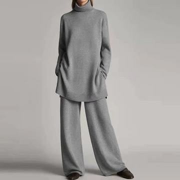 Women’s Two-Piece Loungewear Set – Knit Turtleneck Top – Oversized Fit – Wide-Leg Pants