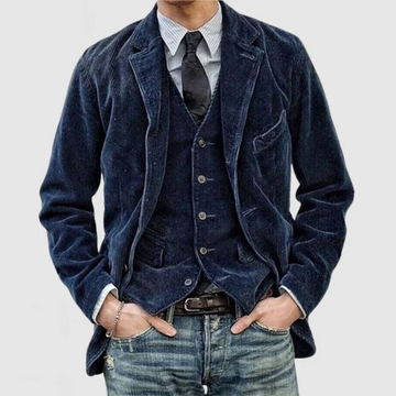 Men’s Two-Piece Blazer and Vest Set – Relaxed Fit Blazer – Tailored Vest – Corduroy Textured