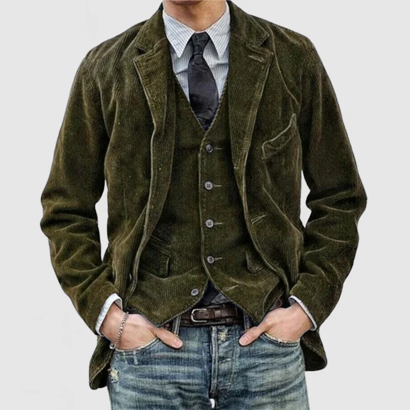 Men’s Two-Piece Blazer and Vest Set – Relaxed Fit Blazer – Tailored Vest – Corduroy Textured