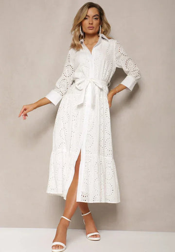 Women’s Midi Dress – Broderie Anglaise – Relaxed Fit – Belted Waist – Long Sleeve