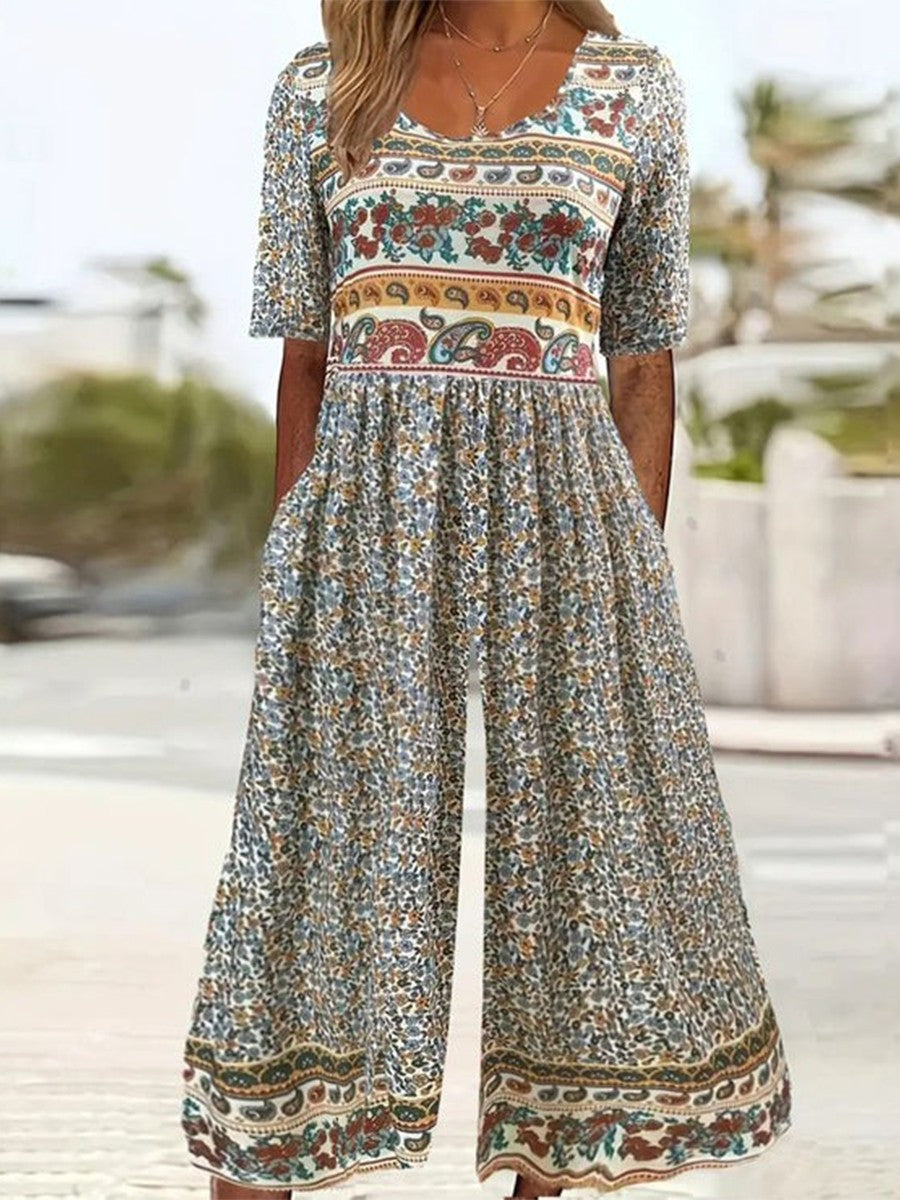 Women’s Jumpsuit – Boho Print – Loose Fit – V-Neck – Short Sleeve – Wide Leg – Pockets