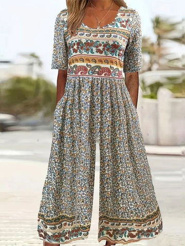Women’s Jumpsuit – Boho Print – Loose Fit – V-Neck – Short Sleeve – Wide Leg – Pockets