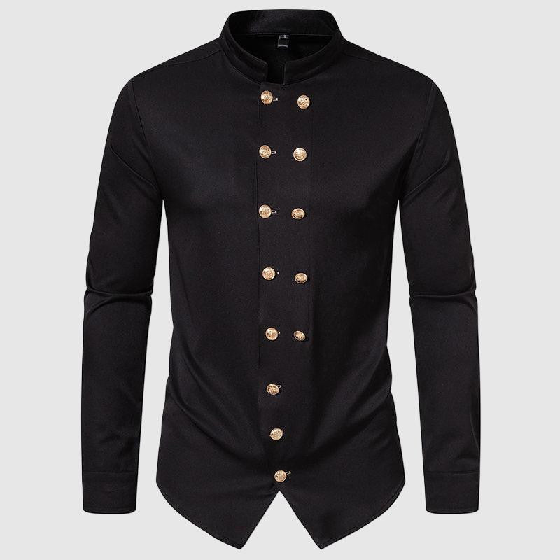 Men's elegant black mandarin collar button-up shirt