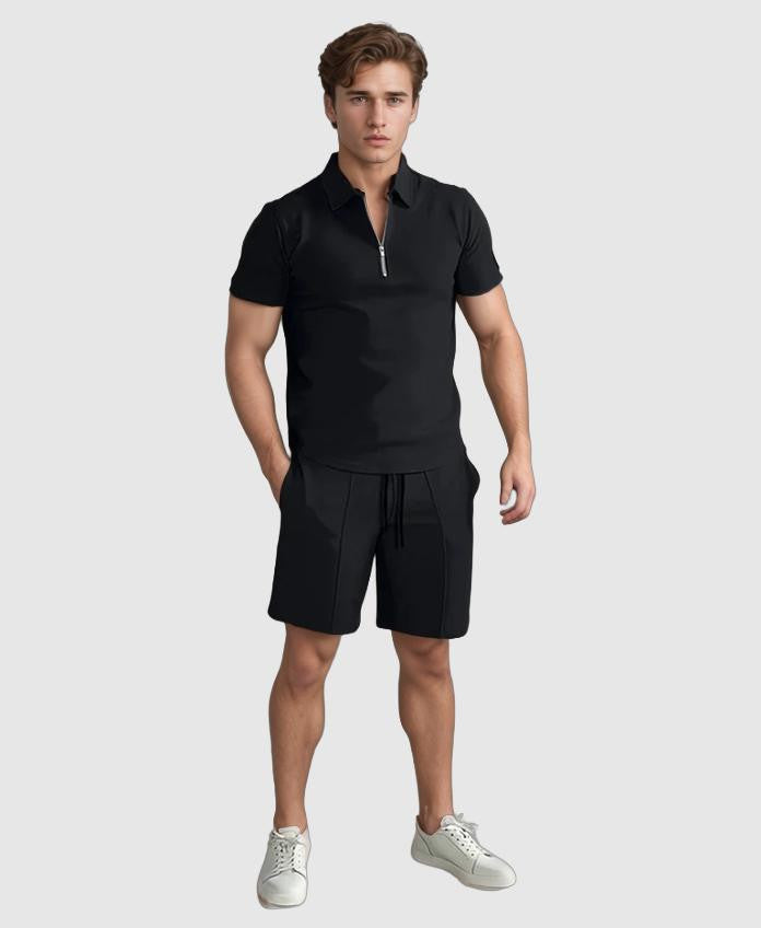 Men’s Polo Shirt Set - Zip Collar - Fitted Cut - Short Sleeve Breathable Casual Wear