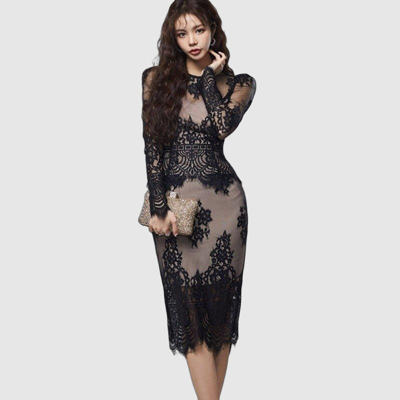 Women's Lace Floral Bodycon Dress - Elegant Transparent Design