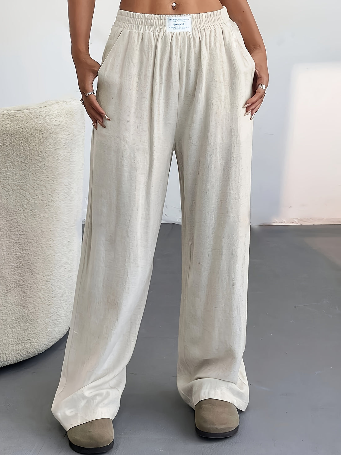 Casual linen blend wide leg pants women elastic