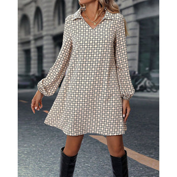 Women's A-Line Dress - Collared V-Neck - Long Sleeve Puff Cuff - Flowy Pattern