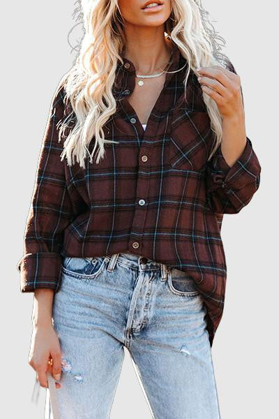 Tiana - oversized long sleeve plaid shirt with turn down collar