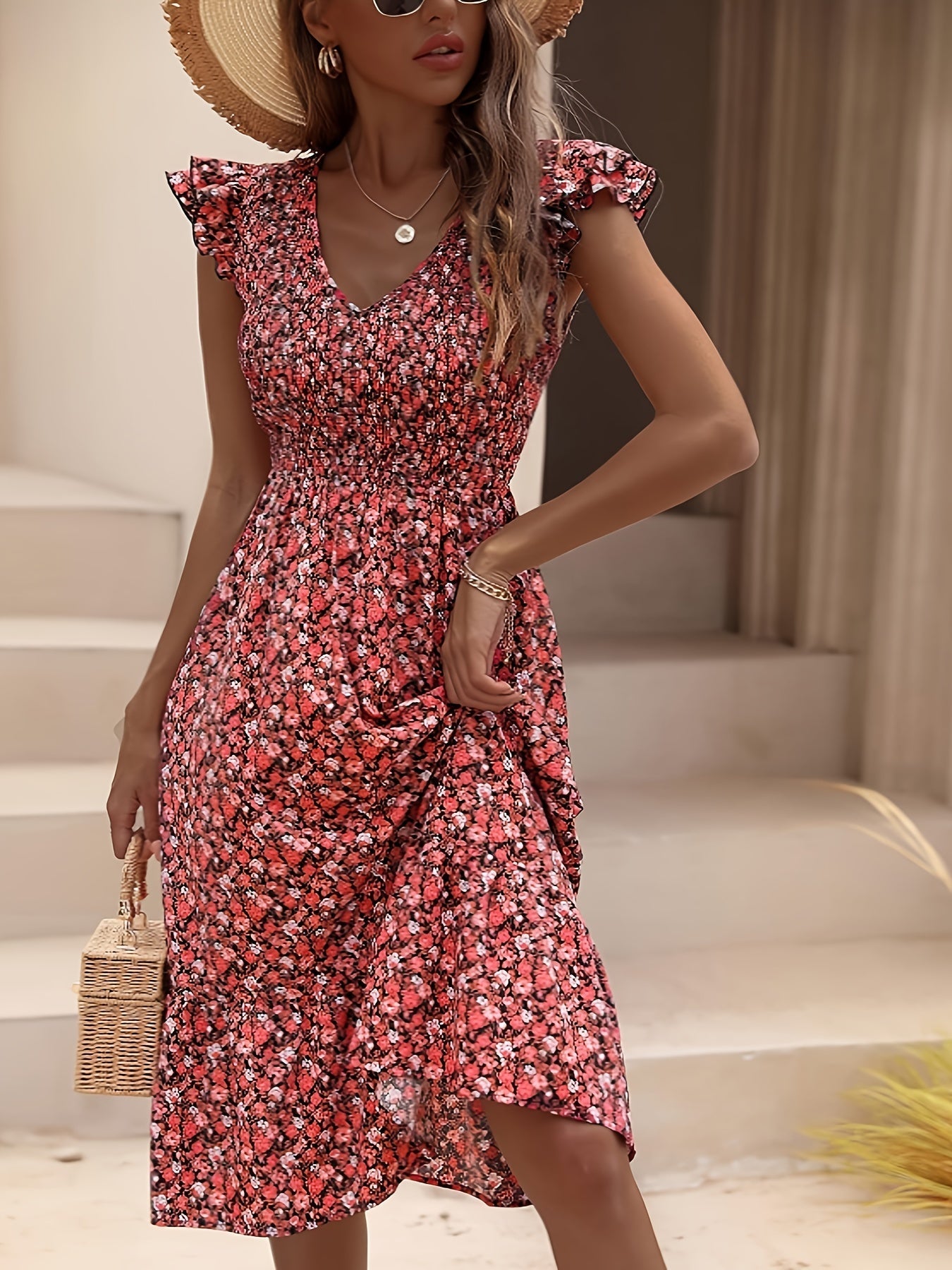 Women's Midi Dress - Floral Print - V-Neck - Ruffled Cap Sleeves - Smocked Waist