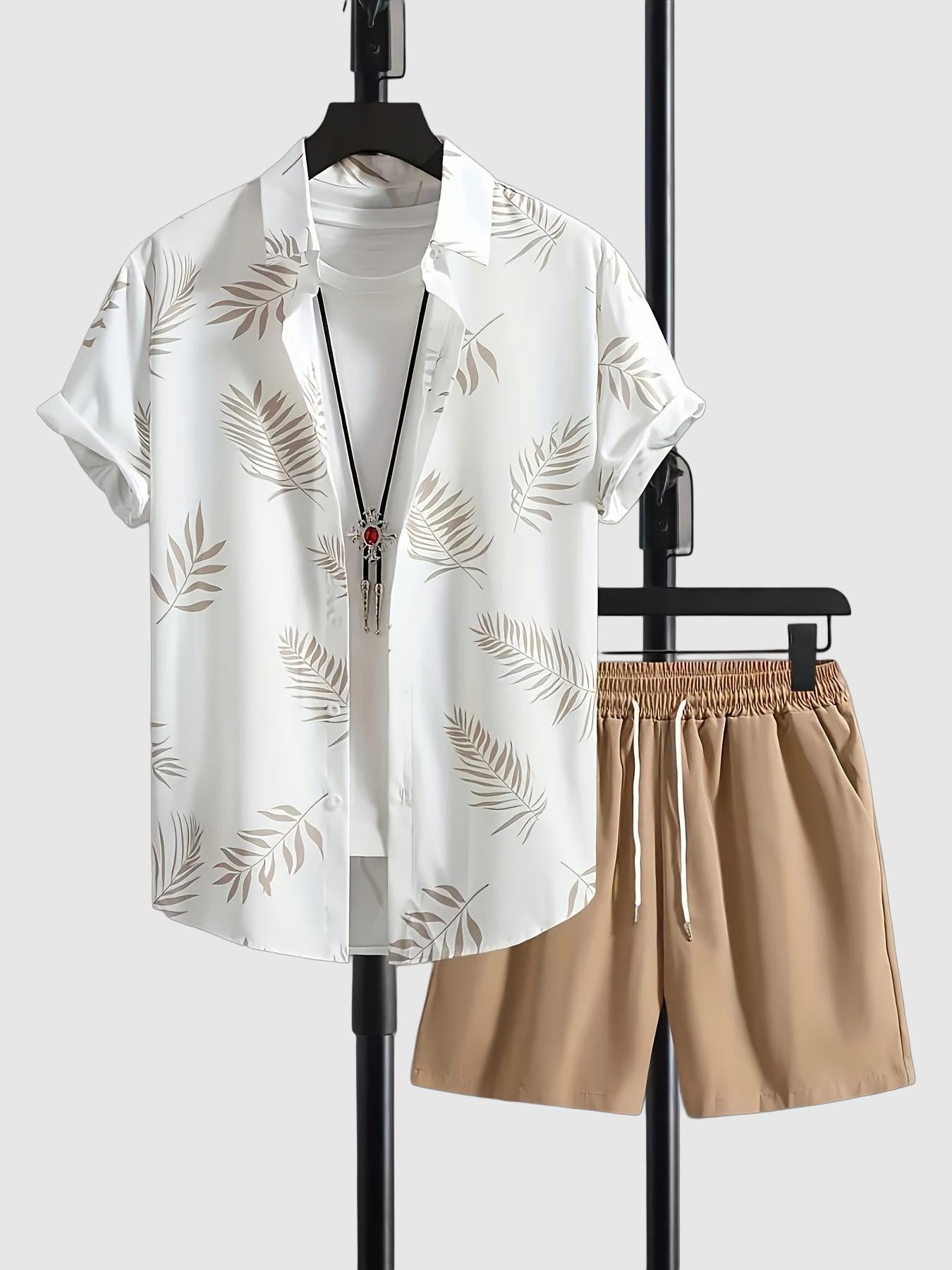 Leaf print shirt and drawstring shorts set for men