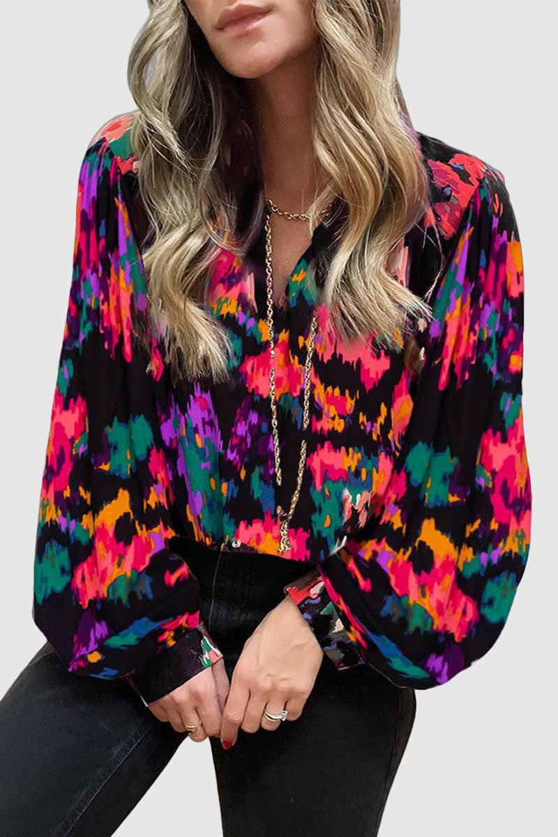 Teresa - elegant printed lantern sleeve top for work