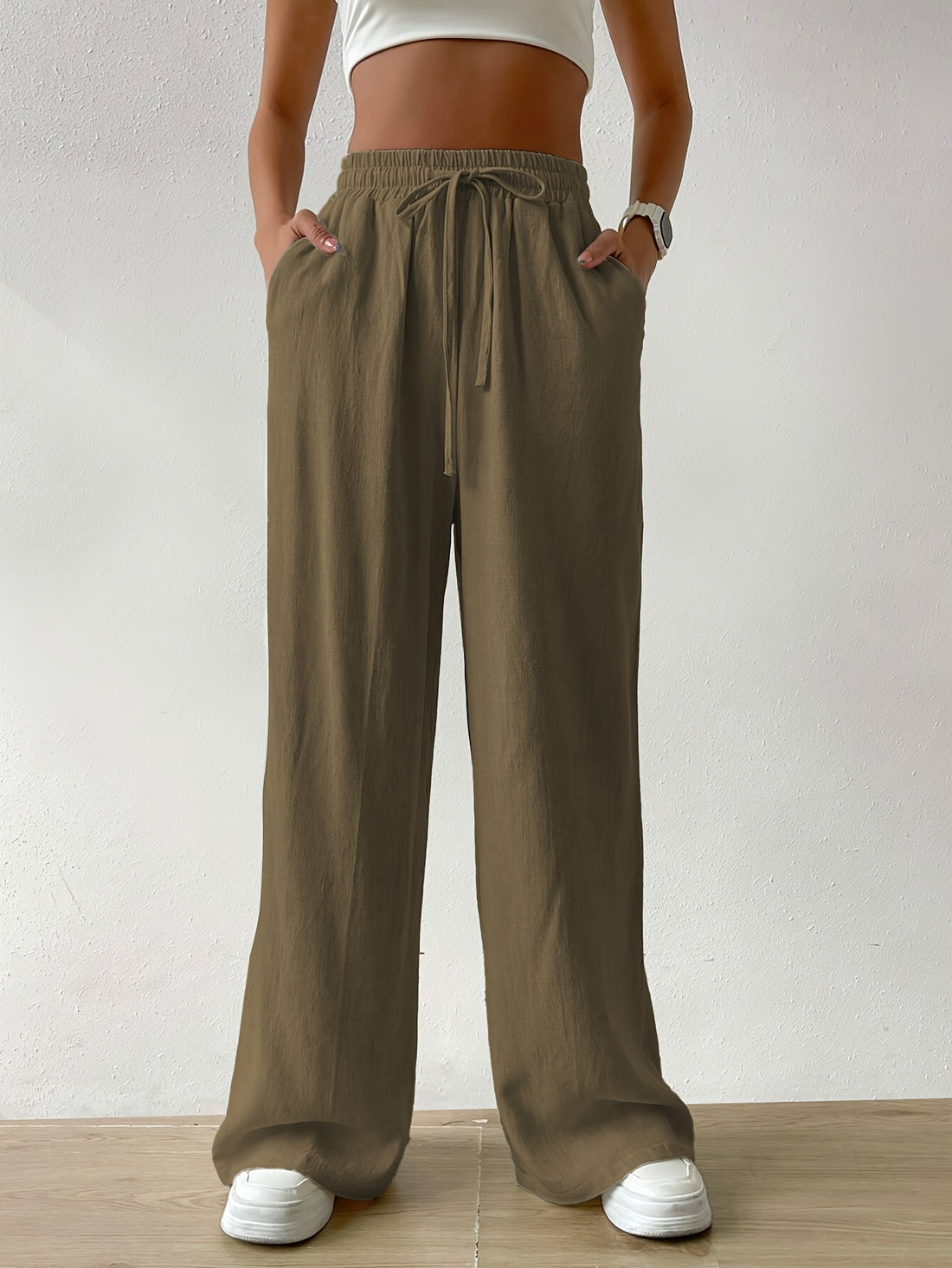 Wide leg pants drawstring waist for women