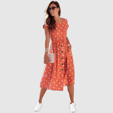 Women's A-Line Dress - Polka Dot Print - Short Sleeve - Belted Waist - Button Front