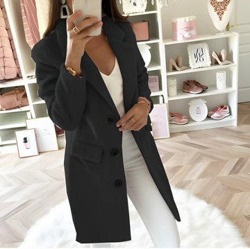 Mid-length double-breasted coat for women with suit collar