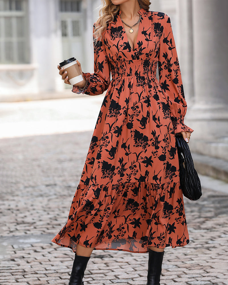 Women's Maxi Dress - Floral Print - V-Neck - Long Sleeve - Smocked Waist - Asymmetrical Hem