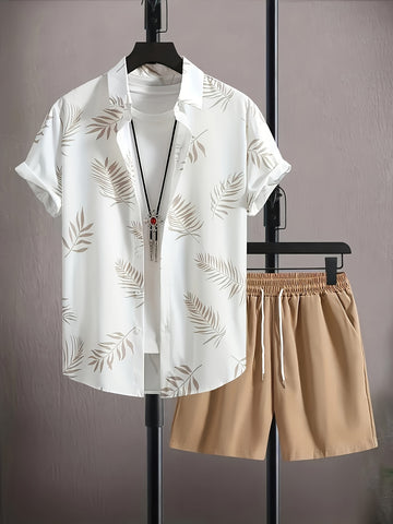 Leaf print shirt and drawstring shorts set for men