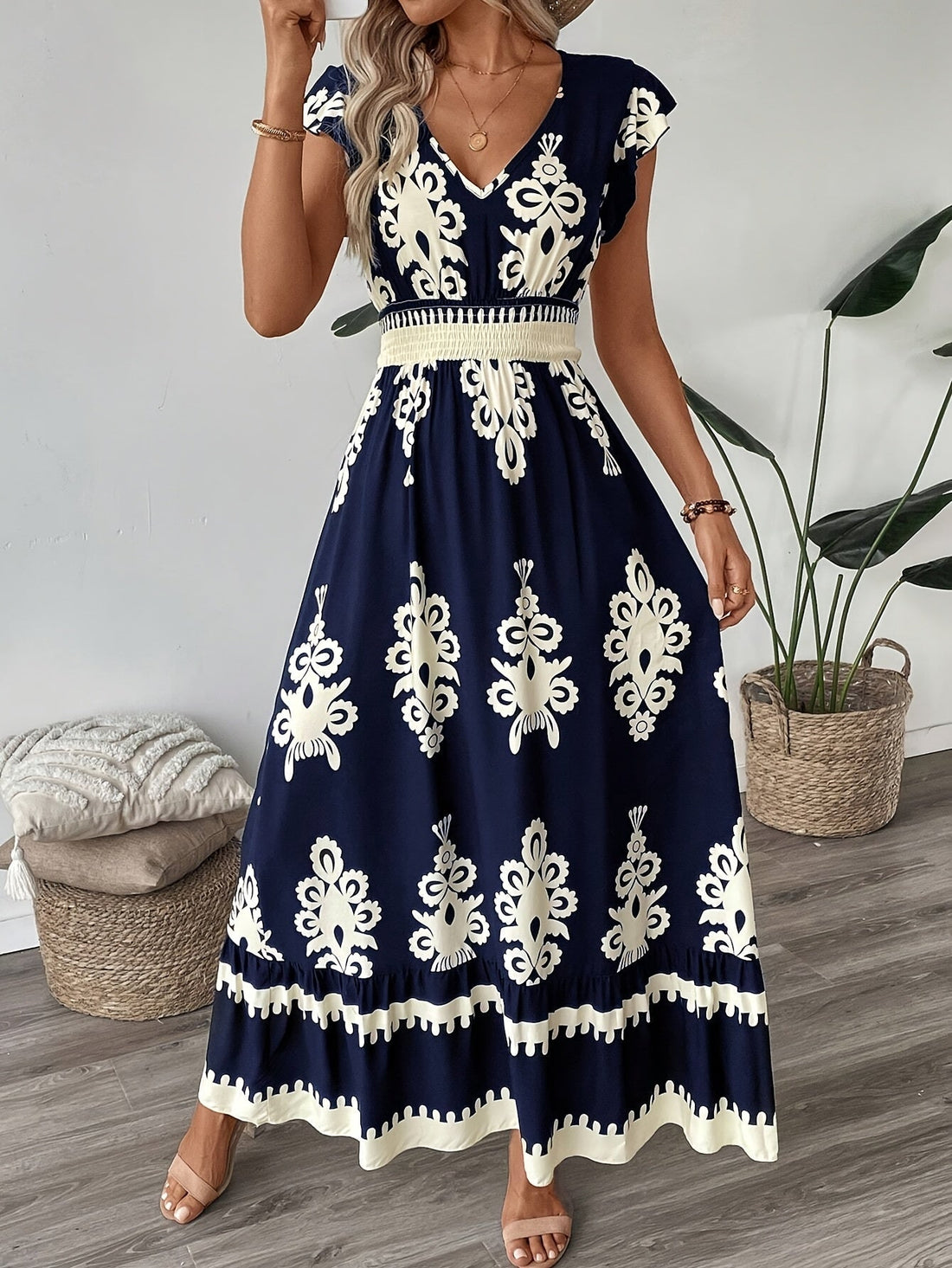 Women's Maxi Dress - V-Neck - Cap Sleeve - Fitted Waist - Flowing Elegant Design