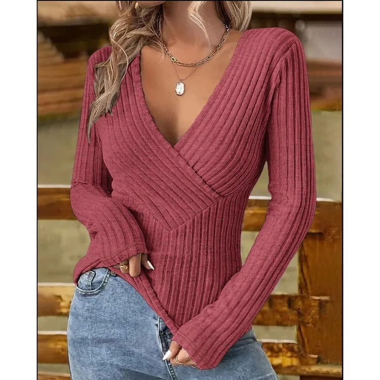 Women's v neck ribbed knit top