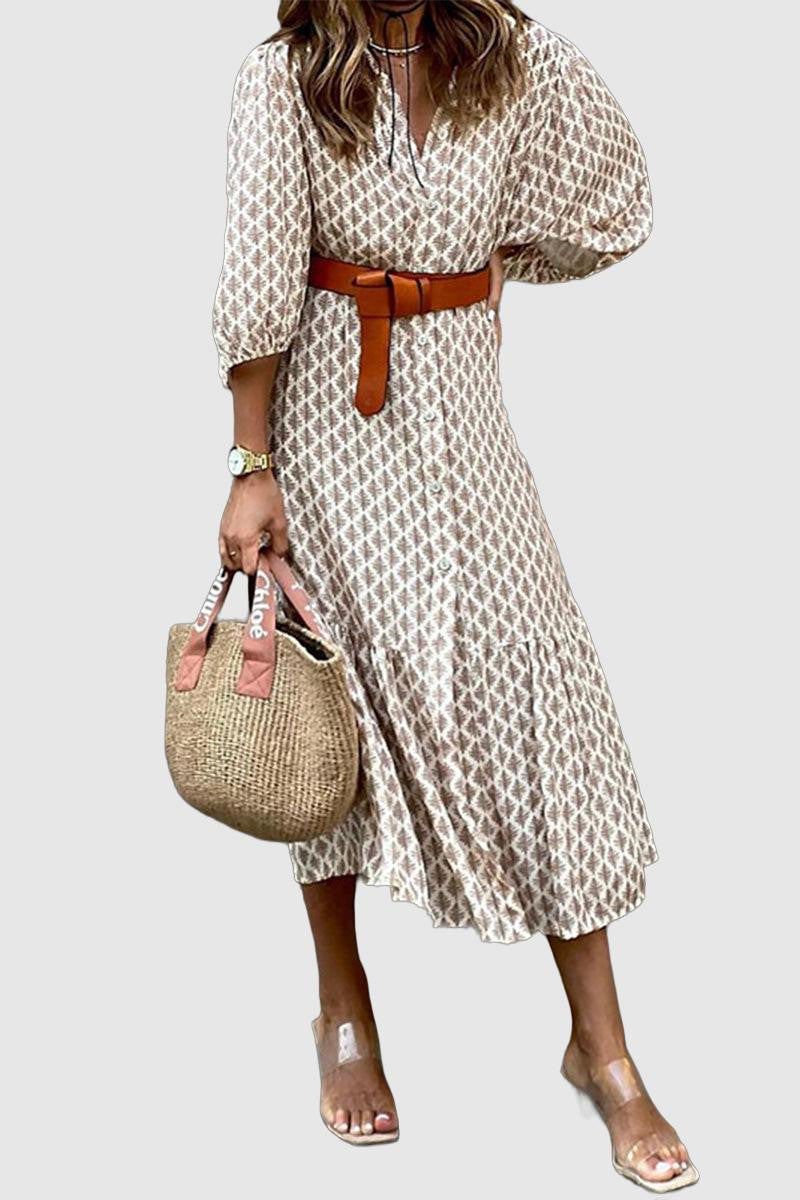 Bella - casual loose v neck printed bohemian dress