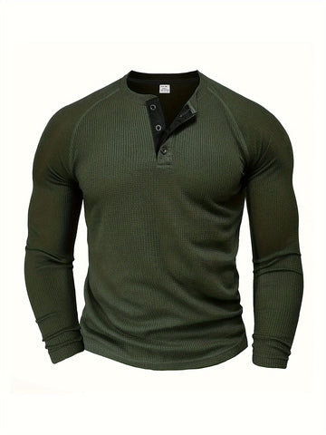 Loose solid henley shirt long sleeves for men