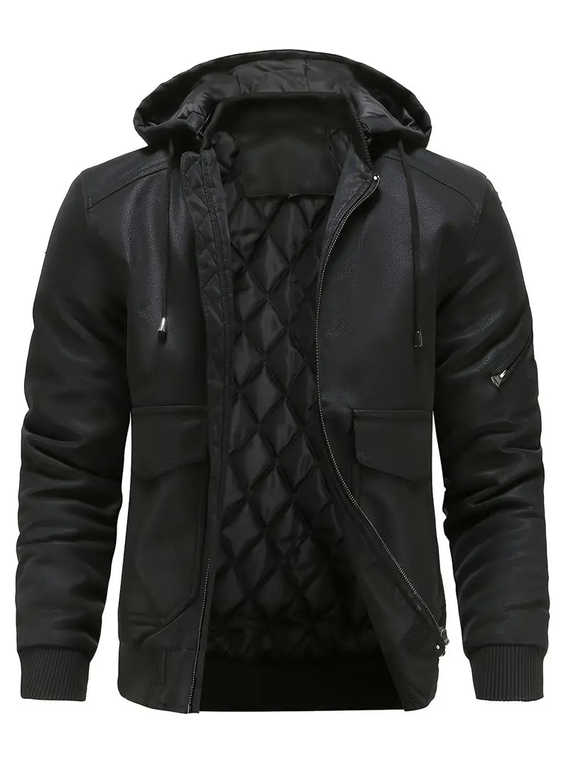 Trendy men's hooded thick jacket with zip placket and pockets