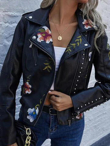 Women's embroidered faux leather biker jacket