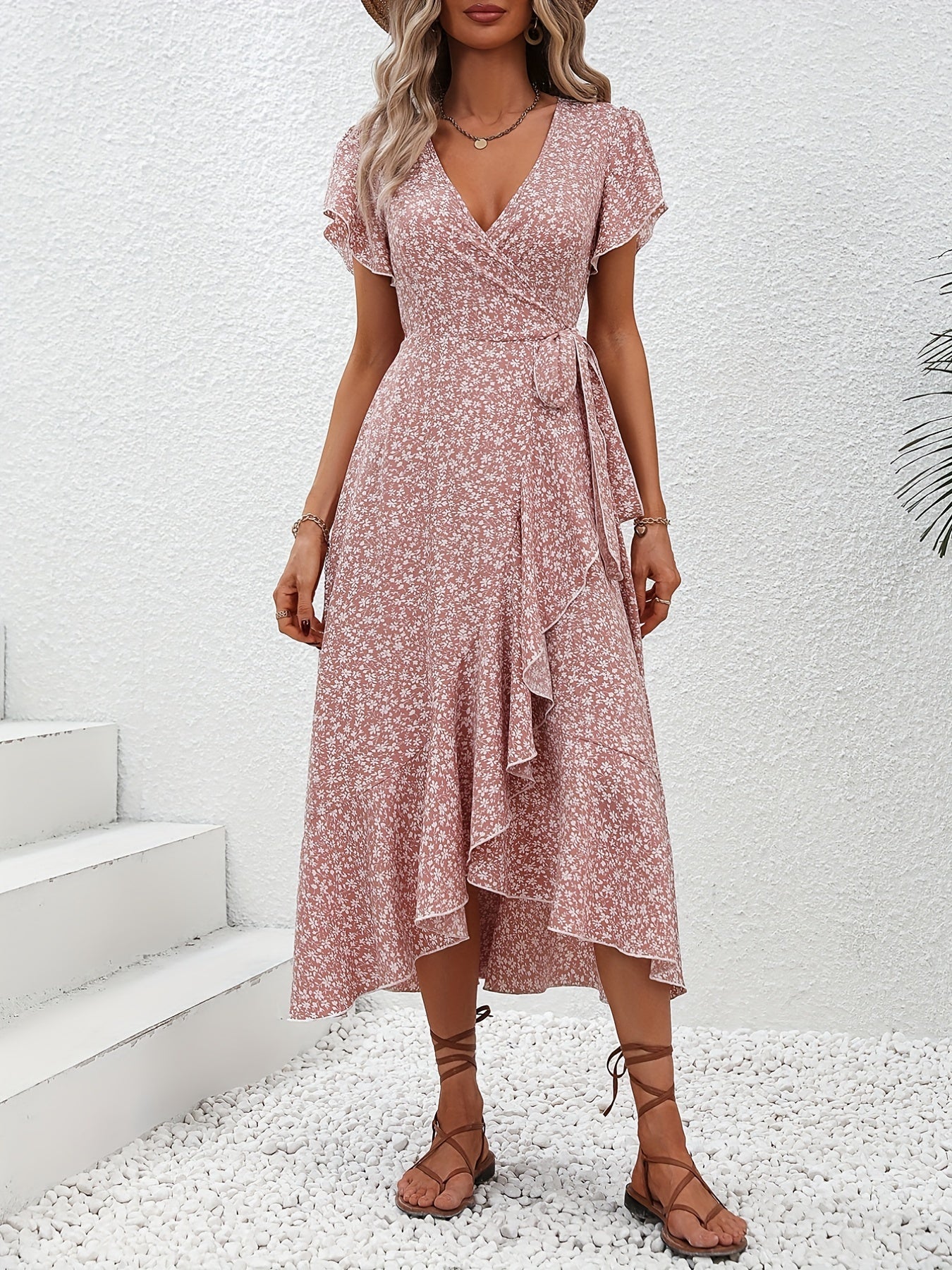 Floral print surplice neck tied dress women