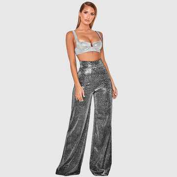 Women's Wide-Leg Pants - High Waist - Sequin Elegant Trousers - Comfortable Fit