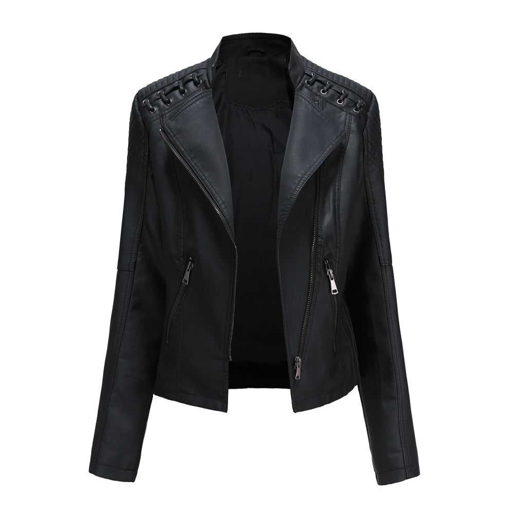 Women's motorcycle leather jacket with lace-up details and zipper closure