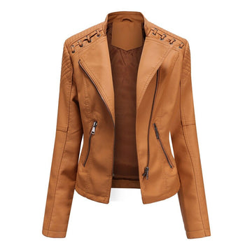 Women's motorcycle leather jacket with lace-up details and zipper closure