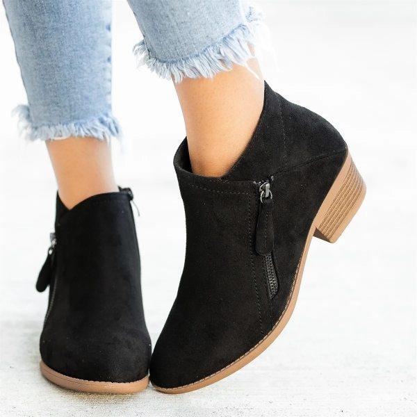 Women's ankle boots with double zipper and chunky low heel