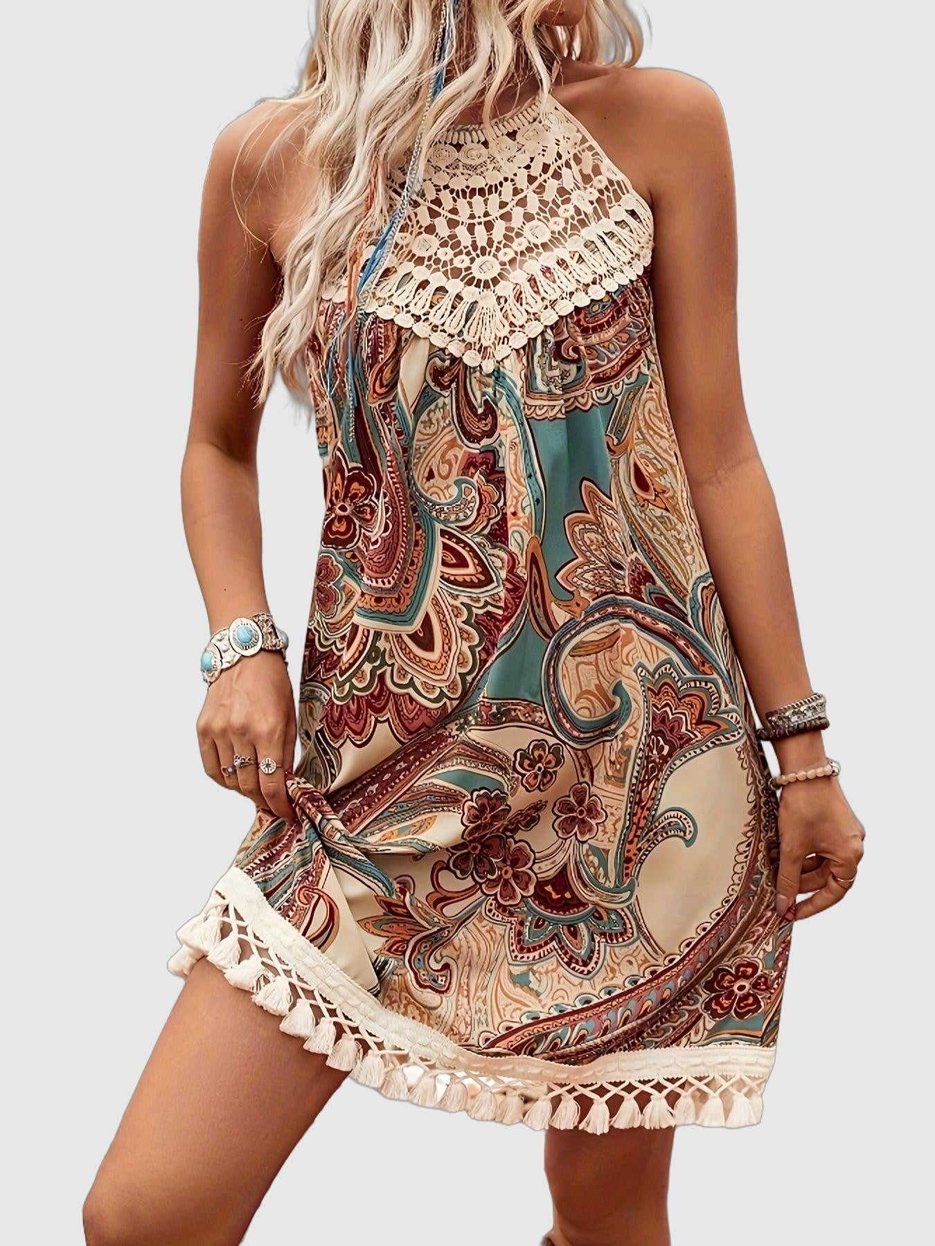 Paisley print halter neck dress with lace for women