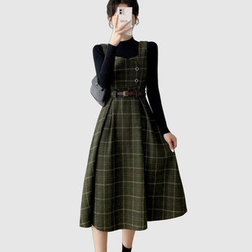 Women's Pinafore Dress - A-Line Silhouette - Plaid Pattern - Button Front with Belt