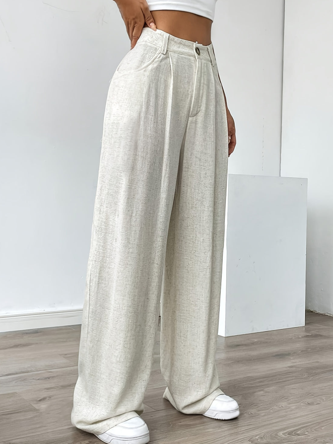 Solid color wide leg linen pants for women