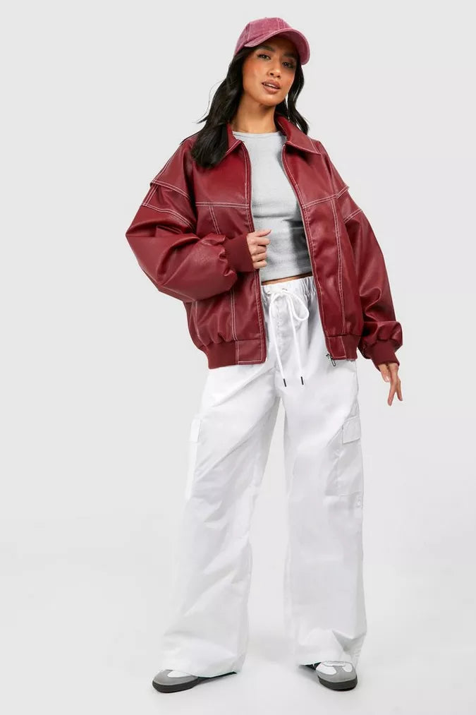 Women's oversized red leather jacket for a bold statement