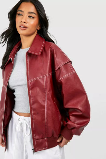 Women's oversized red leather jacket for a bold statement