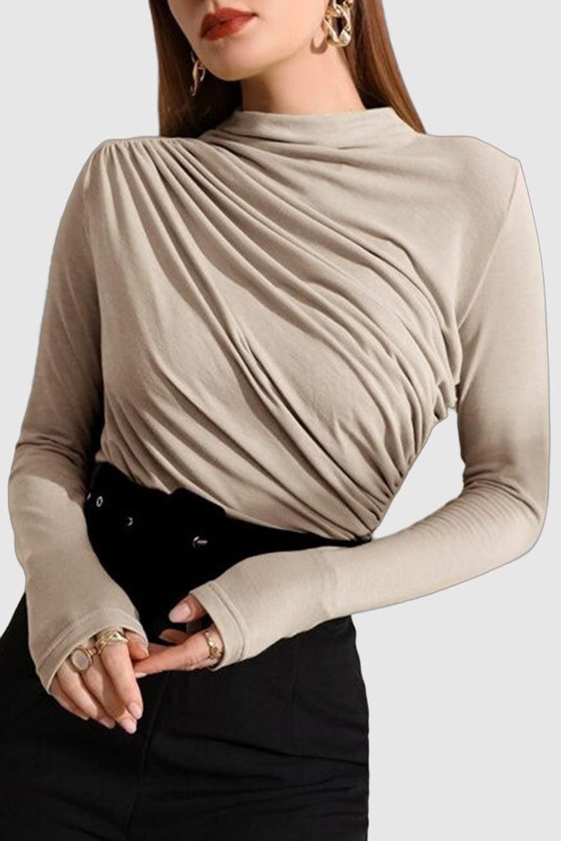 Sarah - women's mock neck pleated t-shirt ruched front long sleeve top