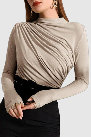 Sarah - women's mock neck pleated t-shirt ruched front long sleeve top