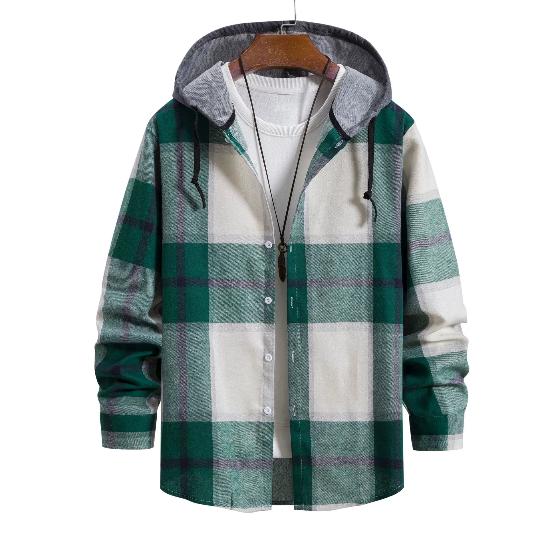 Long sleeve plaid hooded jacket for men