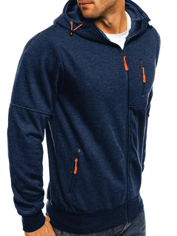 Men’s hooded zip-up sports sweatshirt with multiple zipper pockets