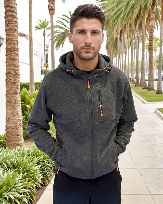 Men’s hooded zip-up sports sweatshirt with multiple zipper pockets