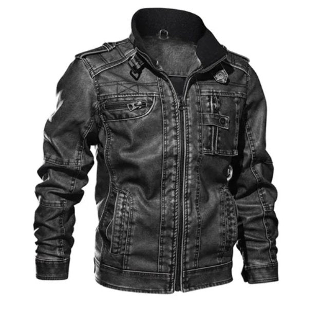 Stylish men's motorcycle jacket with stand collar and zipper placket