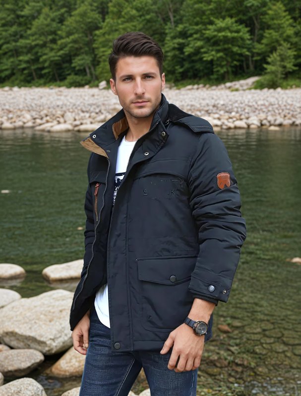 Men's winter military style coat with multiple pockets and removable collar