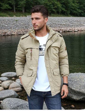 Men's winter military style coat with multiple pockets and removable collar