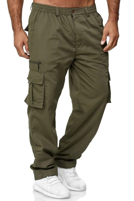 Men's casual pants with multi-pocket loose straight fit drawstring closure