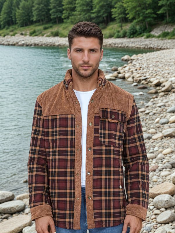 Men's long-sleeved plaid jacket in stylish color matching design