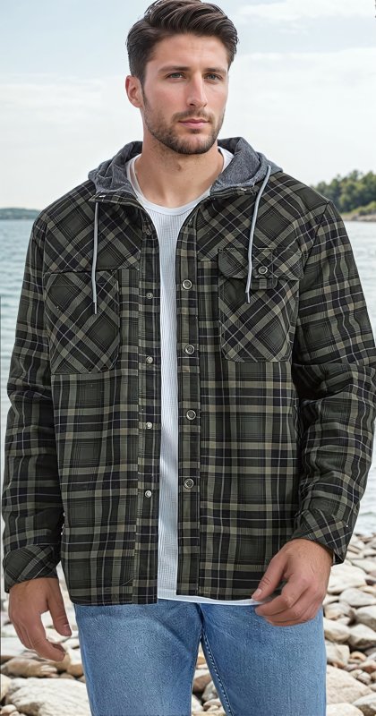 Comfortable men’s hooded cardigan jacket with lattice pattern