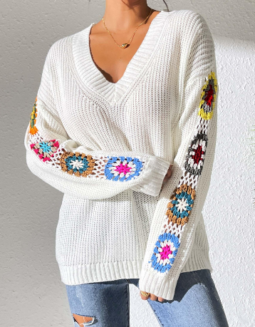 Women's floral crochet sleeve sweater for a cozy boho vibe