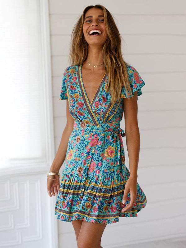 Women's Wrap Dress - Floral Print - V-Neck - Short Flutter Sleeves - Ruffled Hem